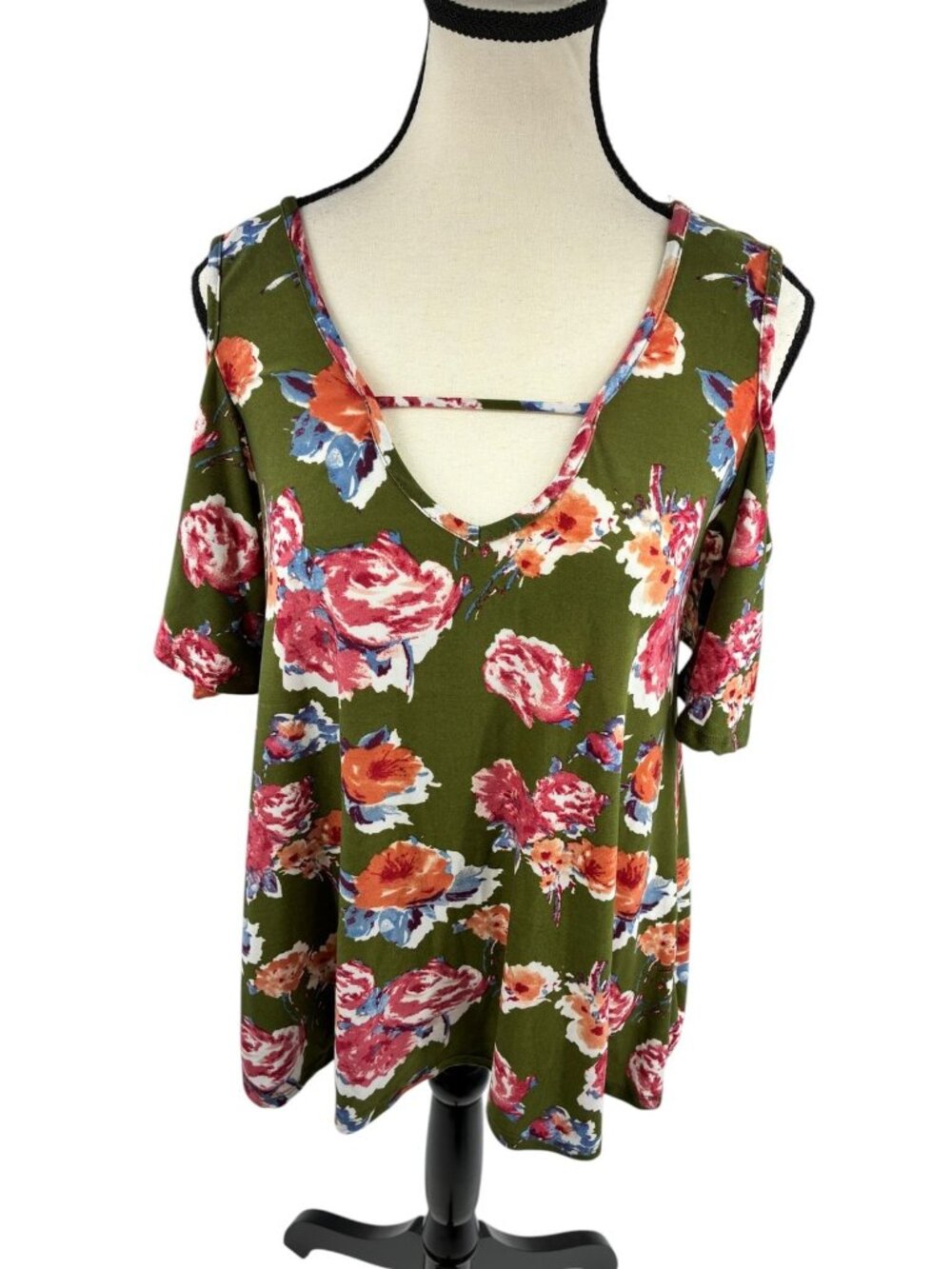 Alya Womens Cold Shoulder Floral Top Green Pink V Neck Strappy Blouse Size XS
